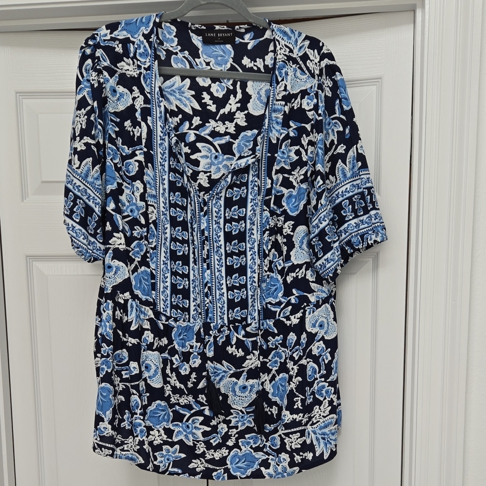 Lane Bryant Navy and Light Blue Floral Blouse